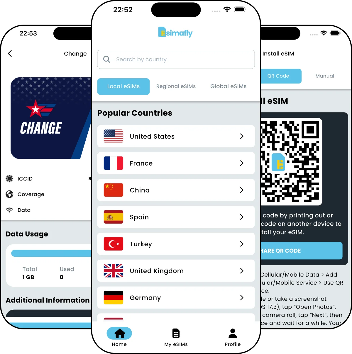 Esimafly app screens